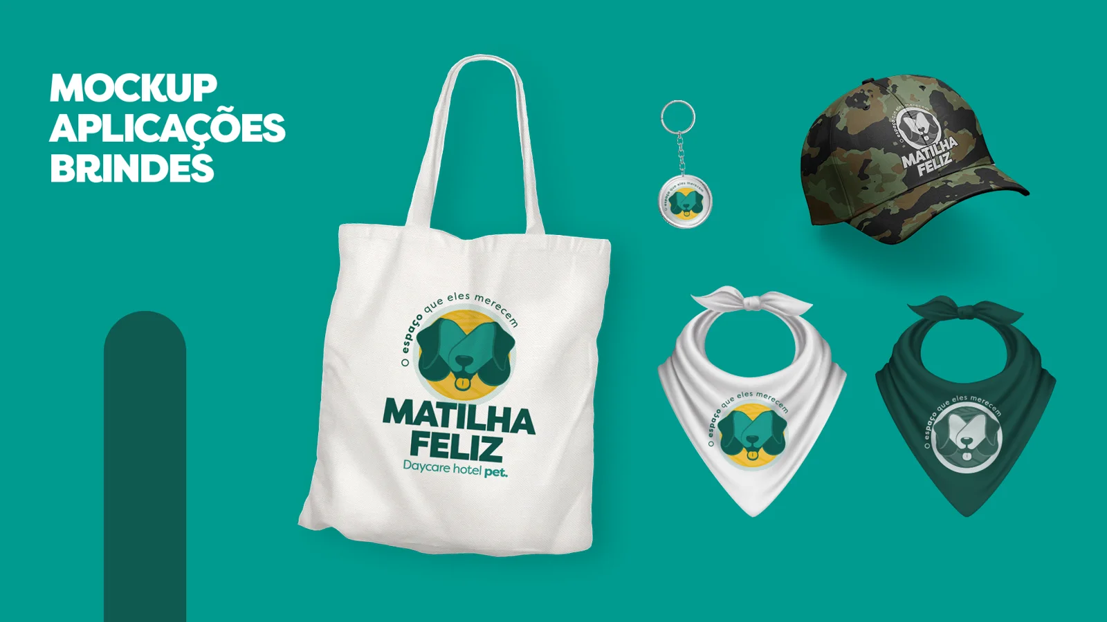 Brindes: sacola, boné, bandana e chaveiro
